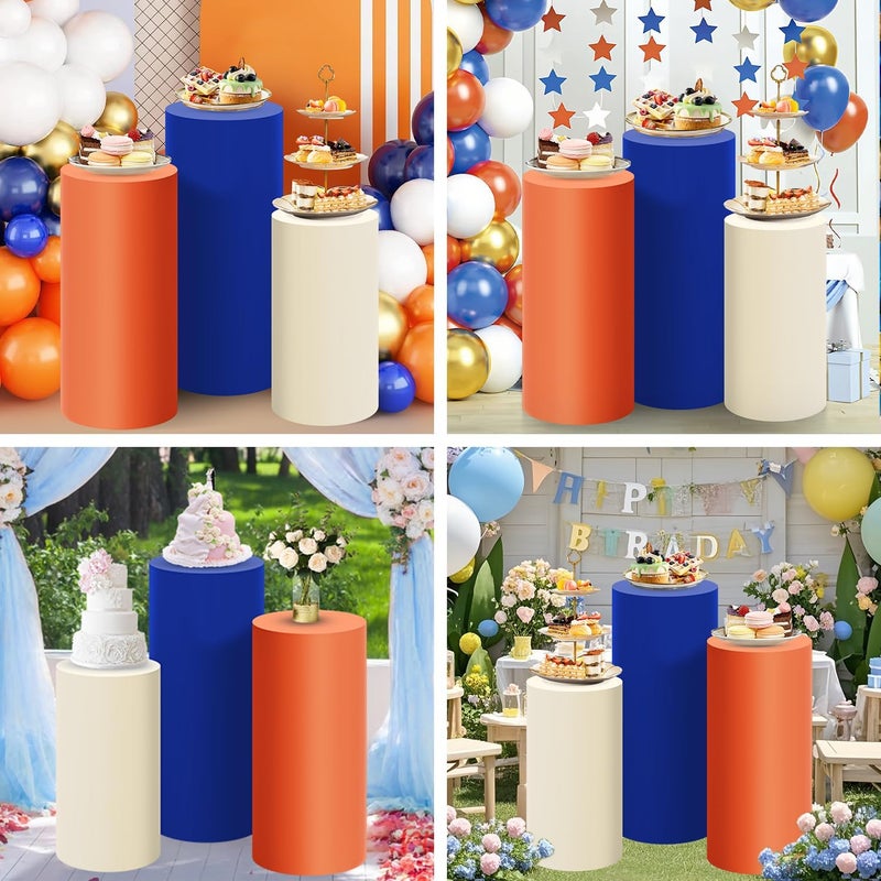 SaitiMade Set of 3 Beige Orange Blue Cylinder Pedestal Stand Covers, 3pcs Spandex Mixed Colors Cylinder Stand Covers for Party, Wedding or Birthday Event Decor (Only Contains Colorful Cylinder Covers) - Image 5